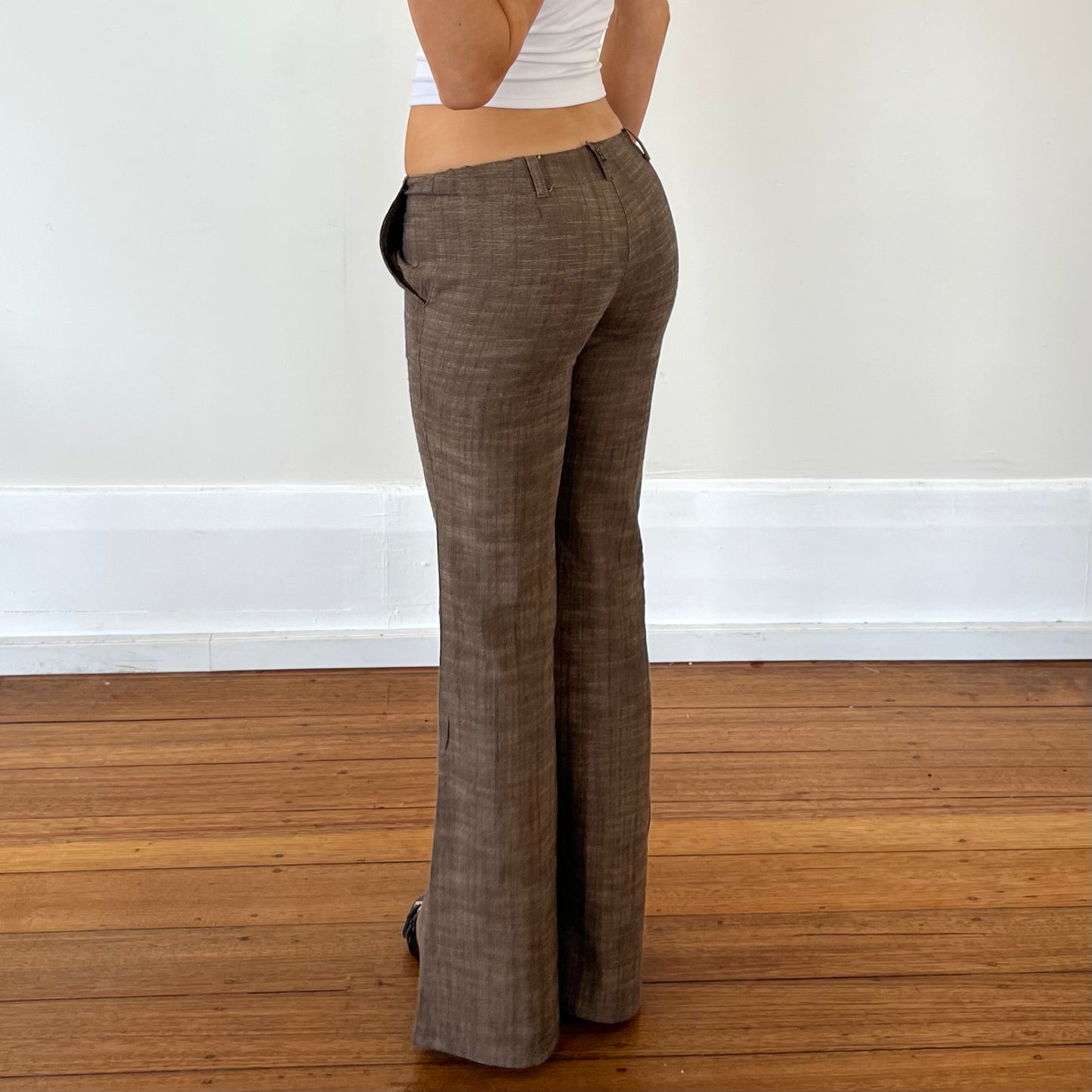 brown low rise flared trousers