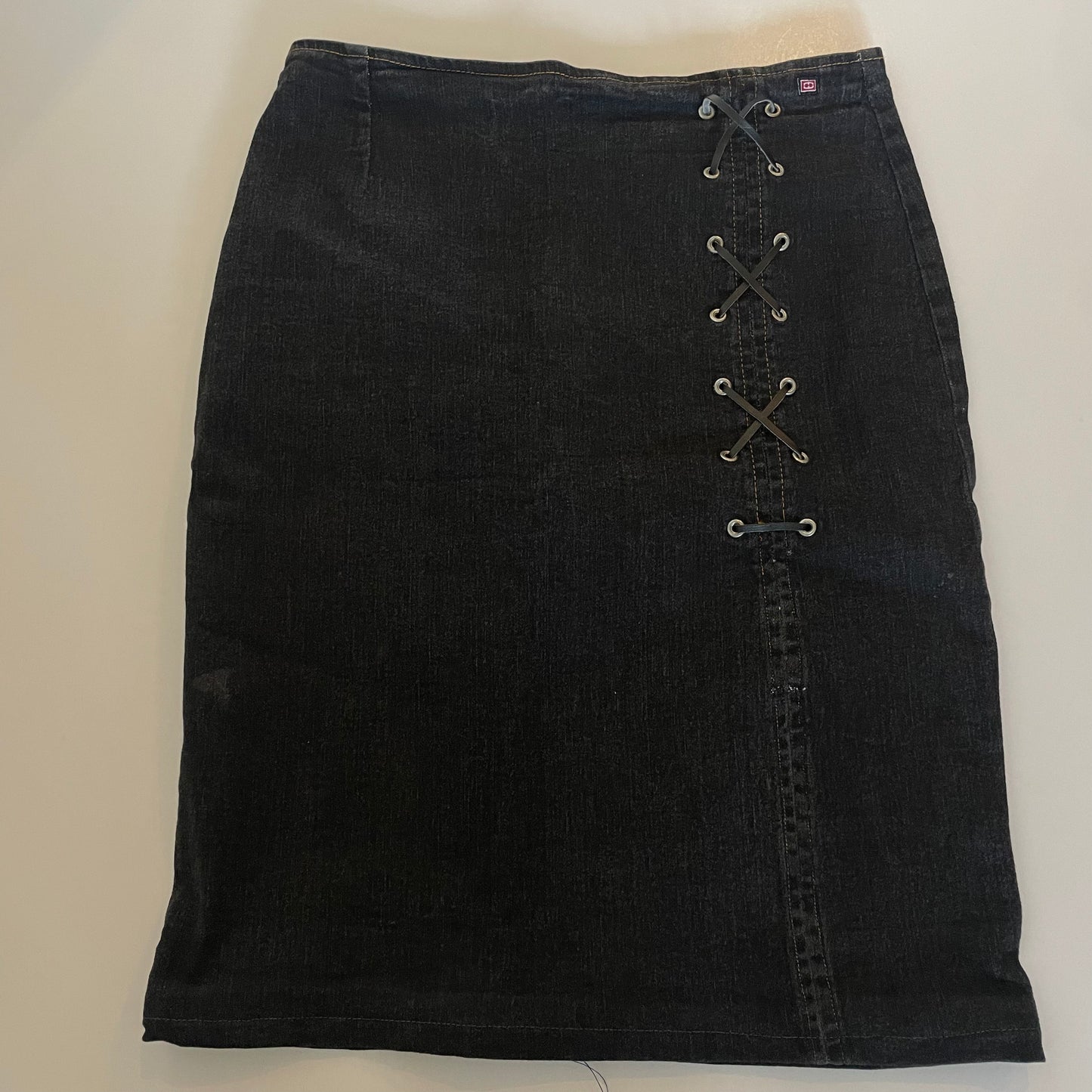 90s lace up denim midi skirt