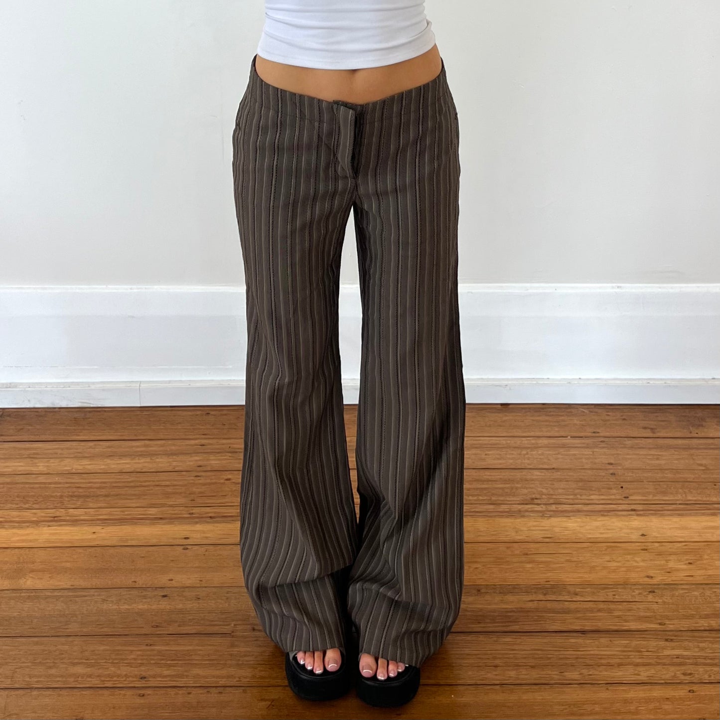 brown wide leg pinstripe pants