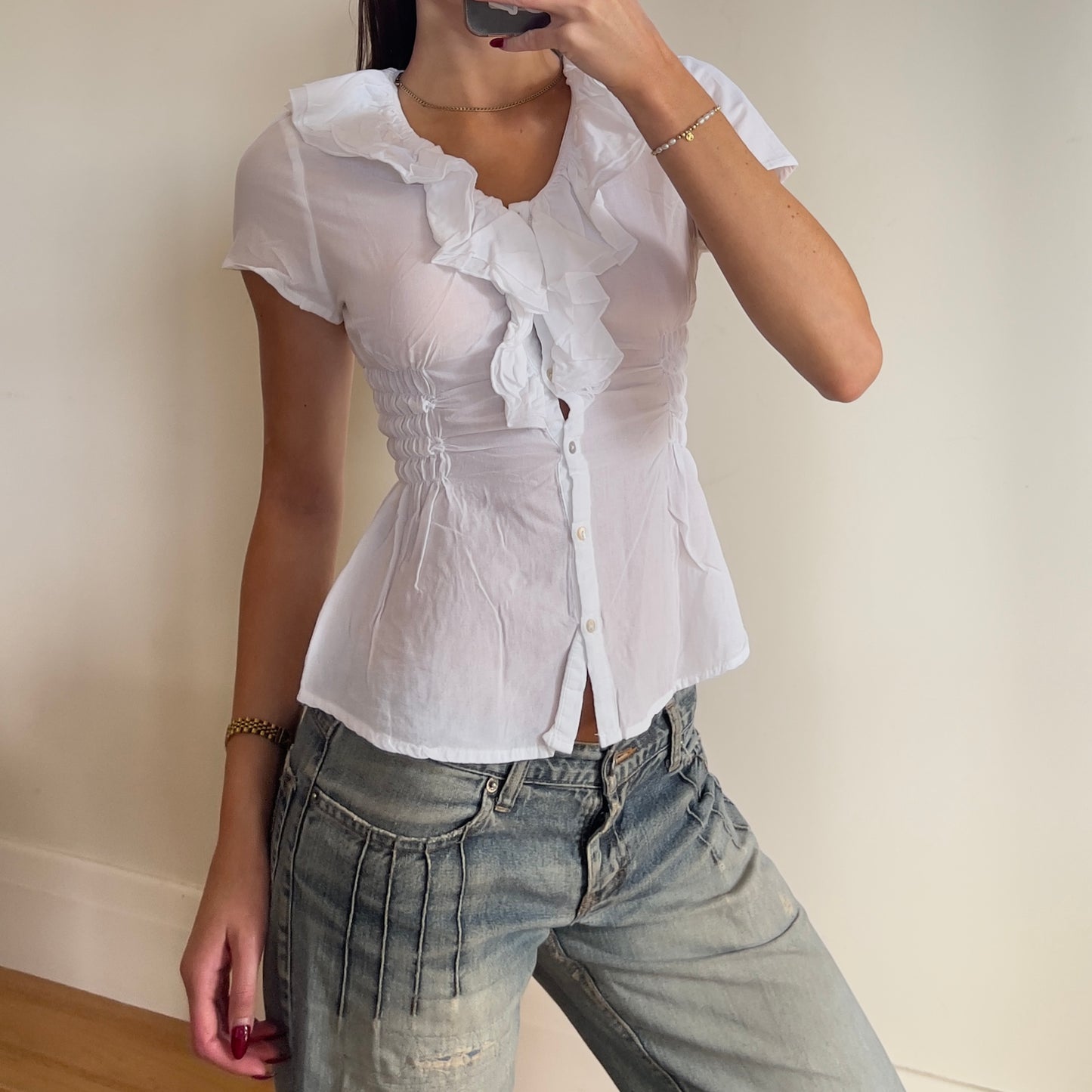 white reworked ruched shirt