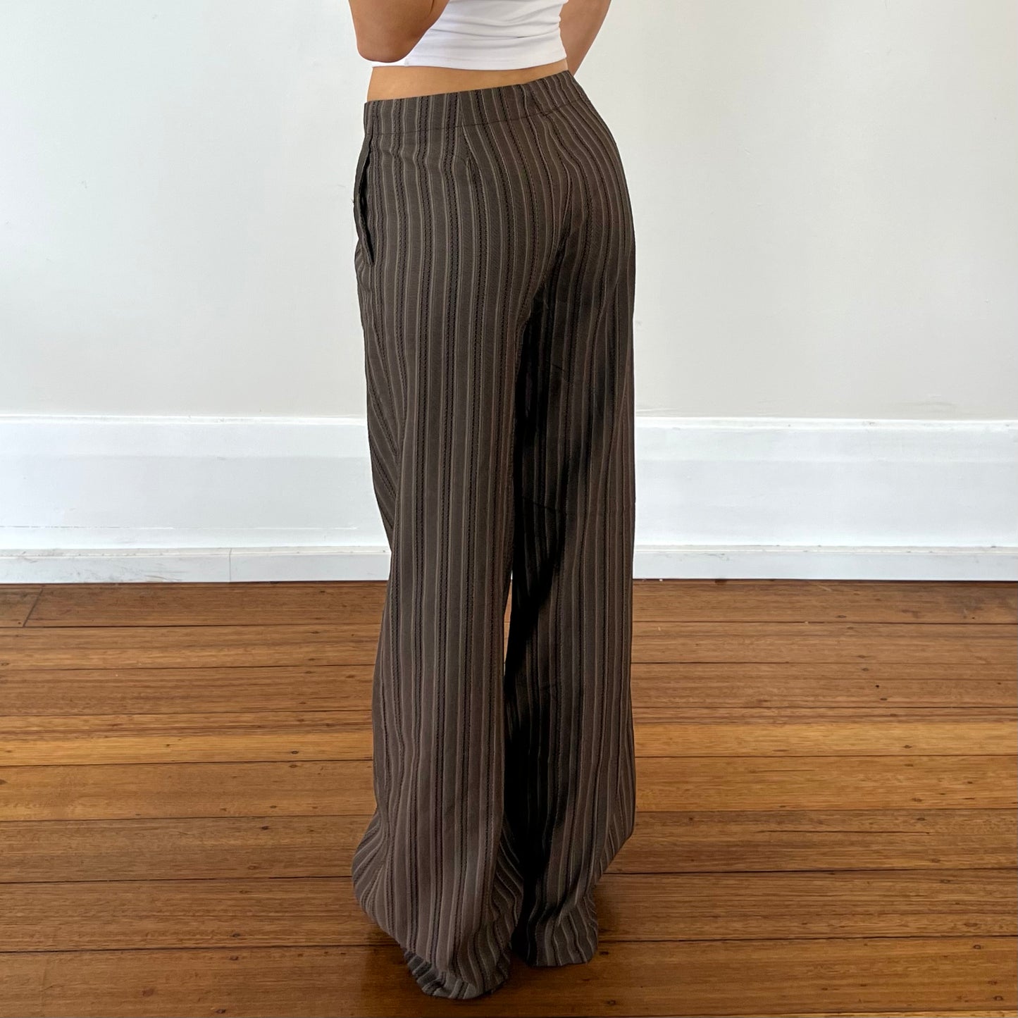 brown wide leg pinstripe pants