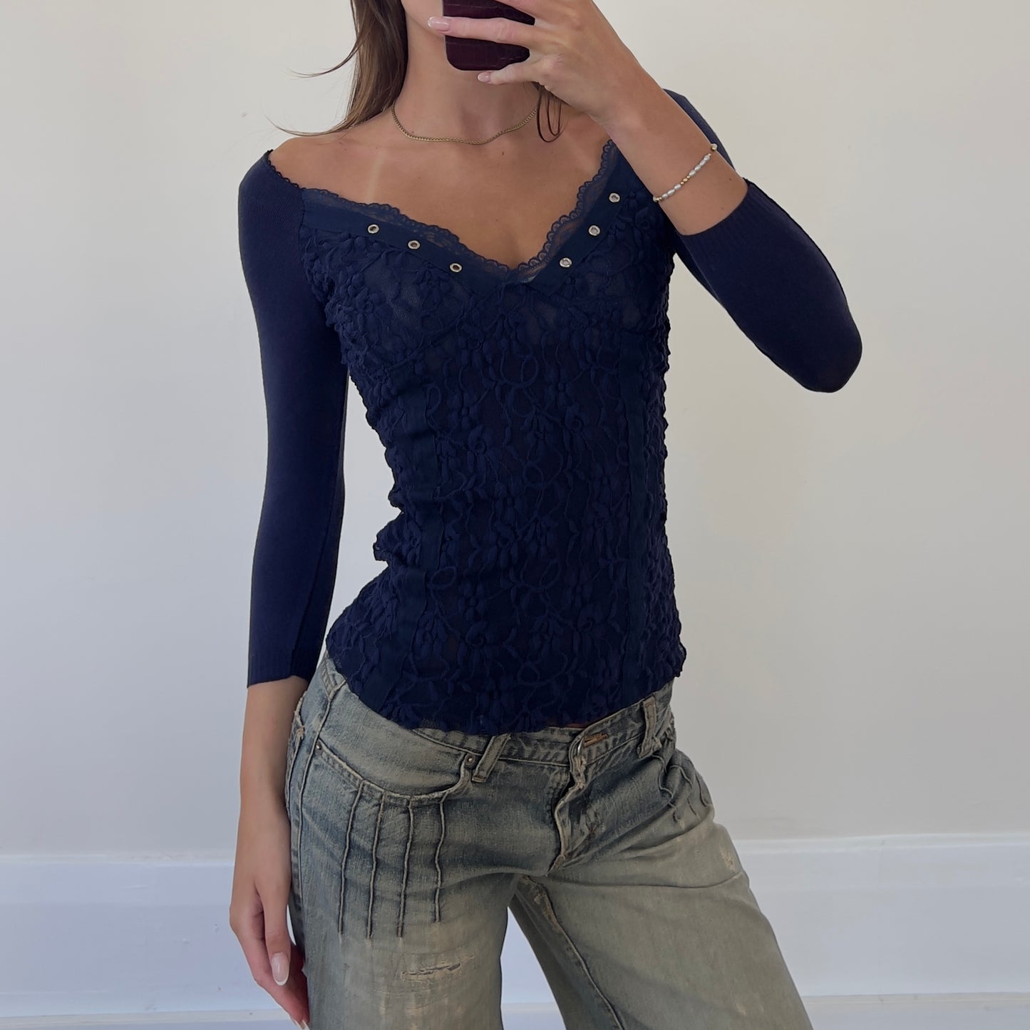 navy lace 3/4 sleeve top