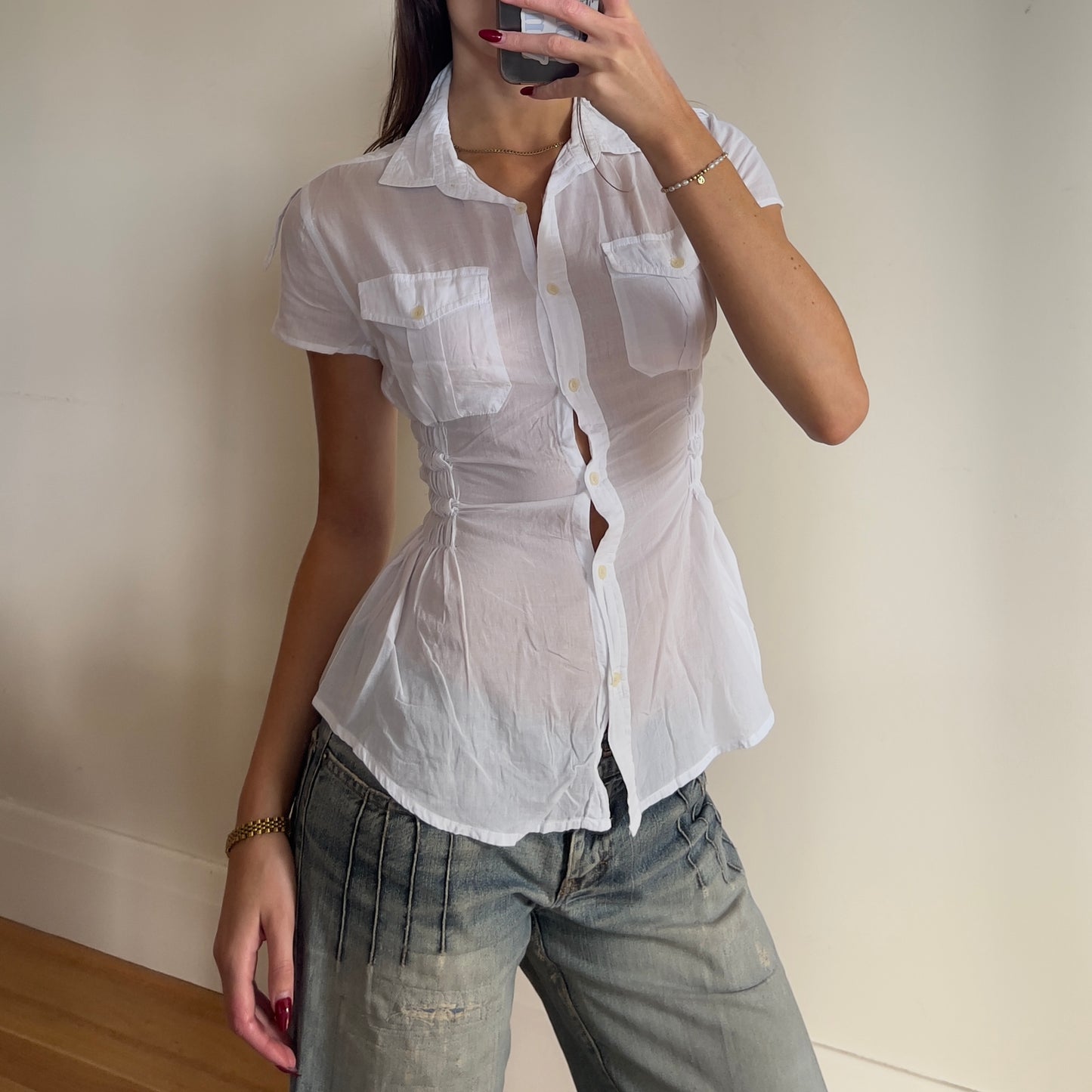 white reworked ruched shirt