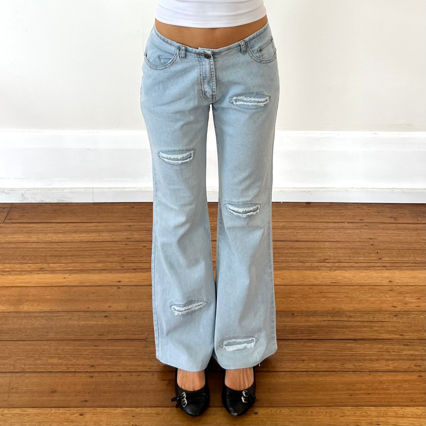 distressed style flared jeans