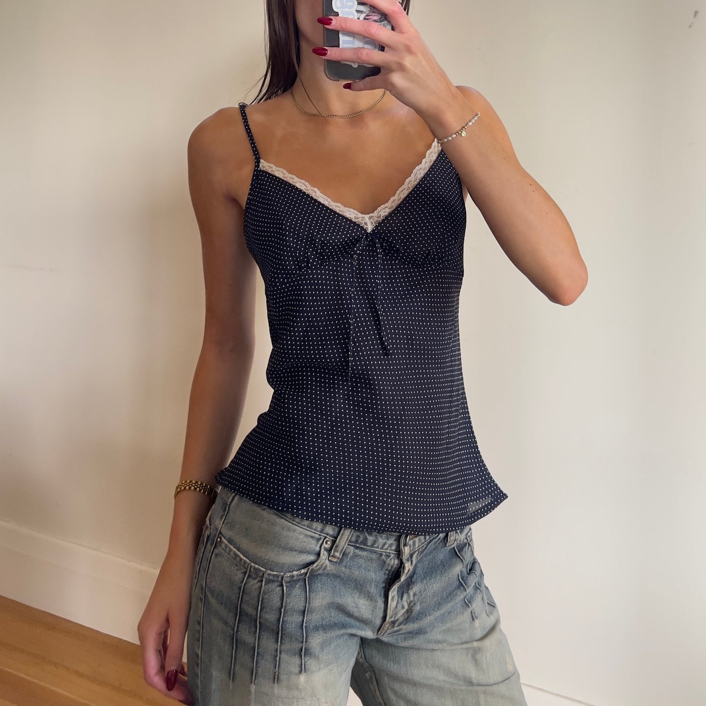navy polkadot cami