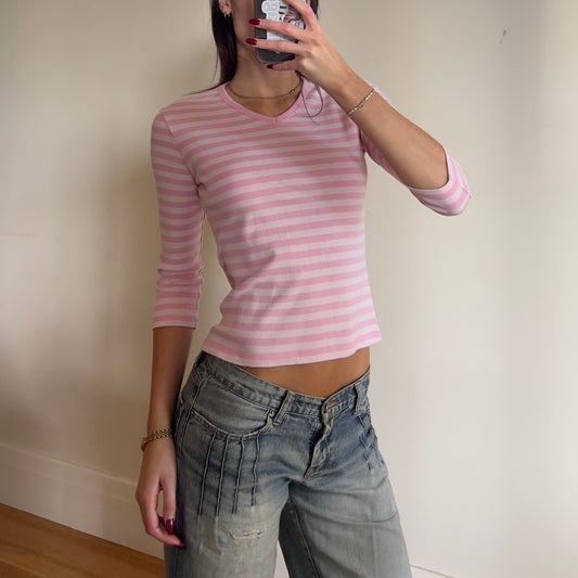 y2k pink stripe 3/4 sleeve top