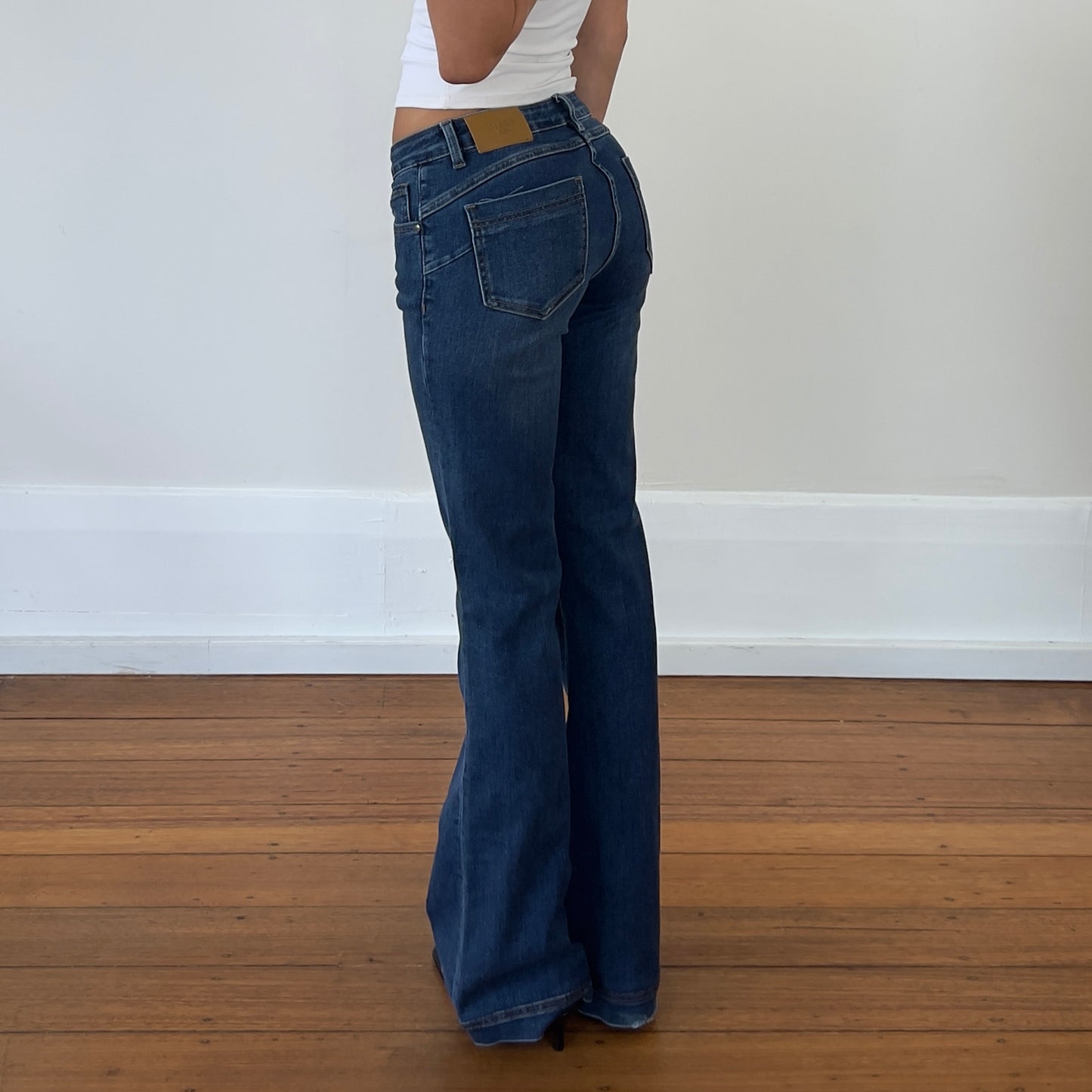mid wash denim bootcut jeans