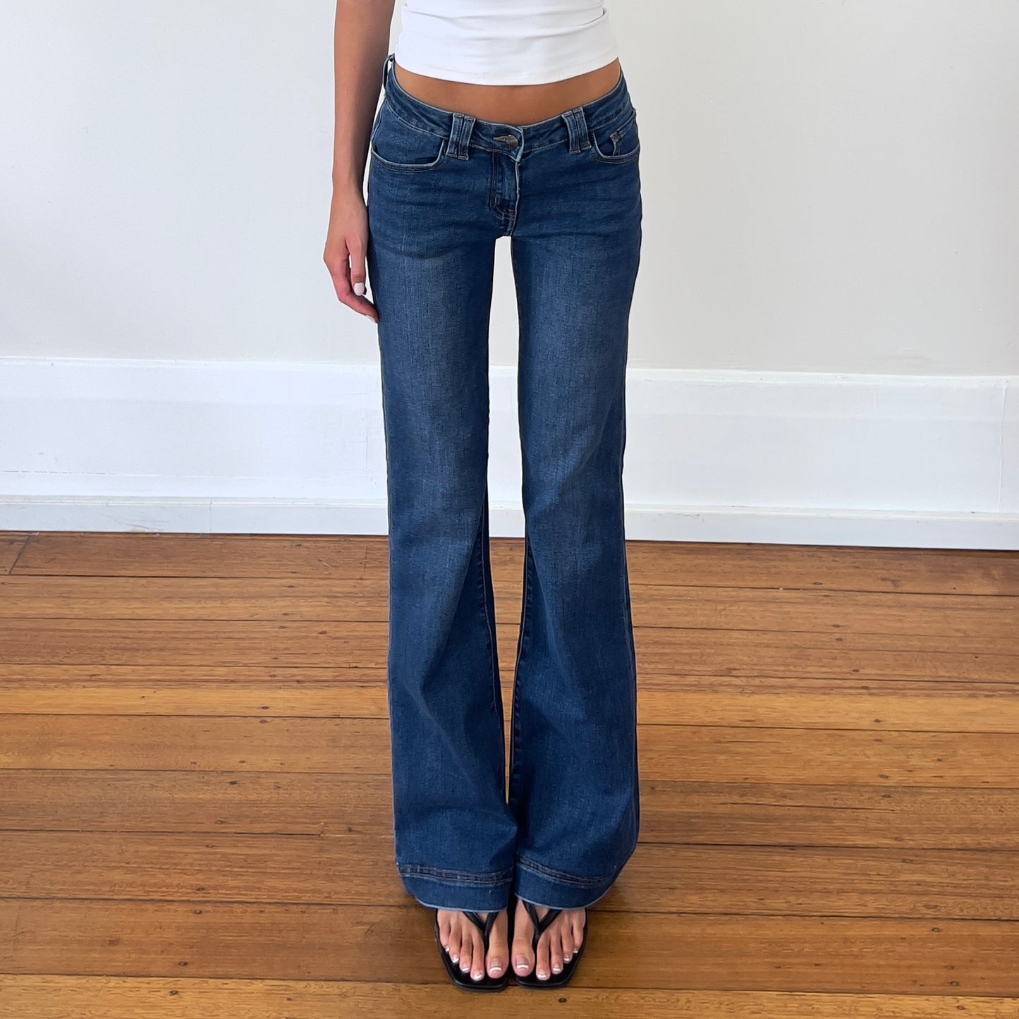 mid wash denim bootcut jeans