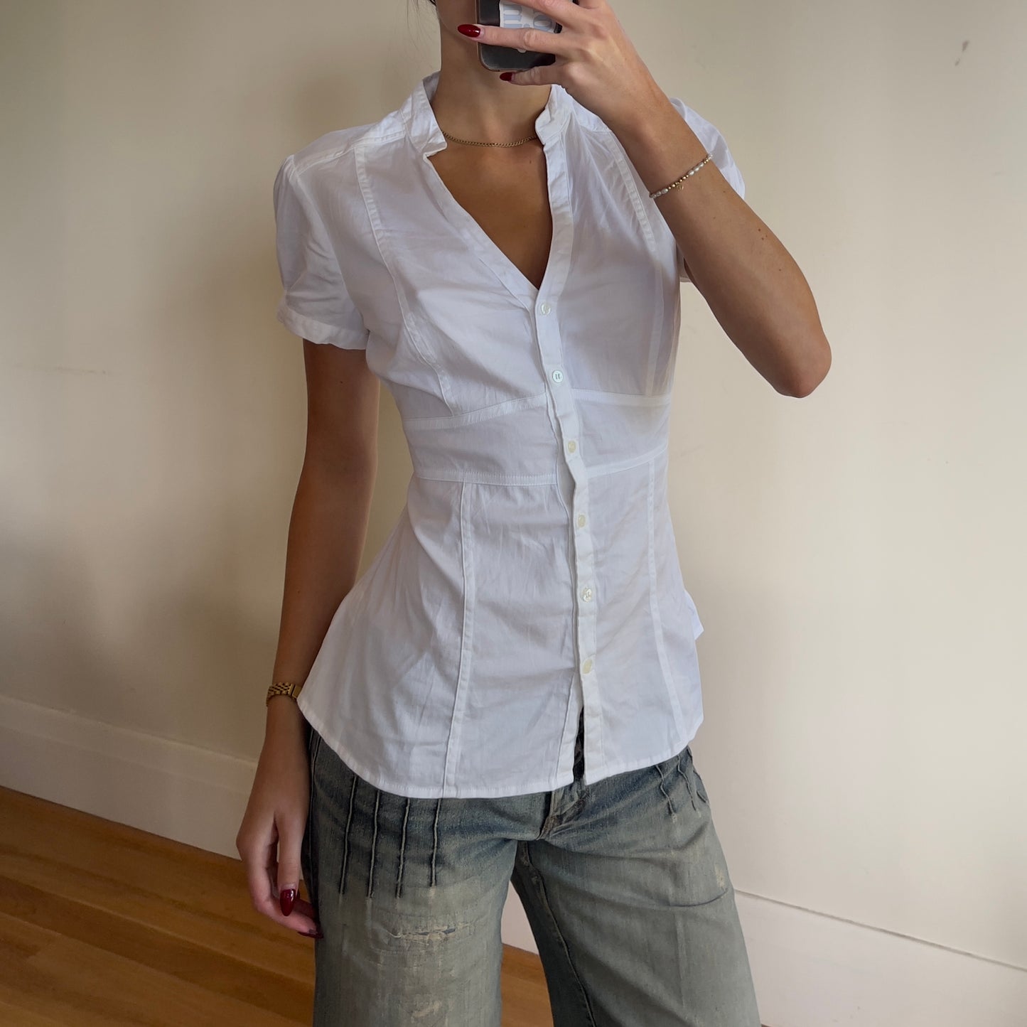 white reworked ruched shirt