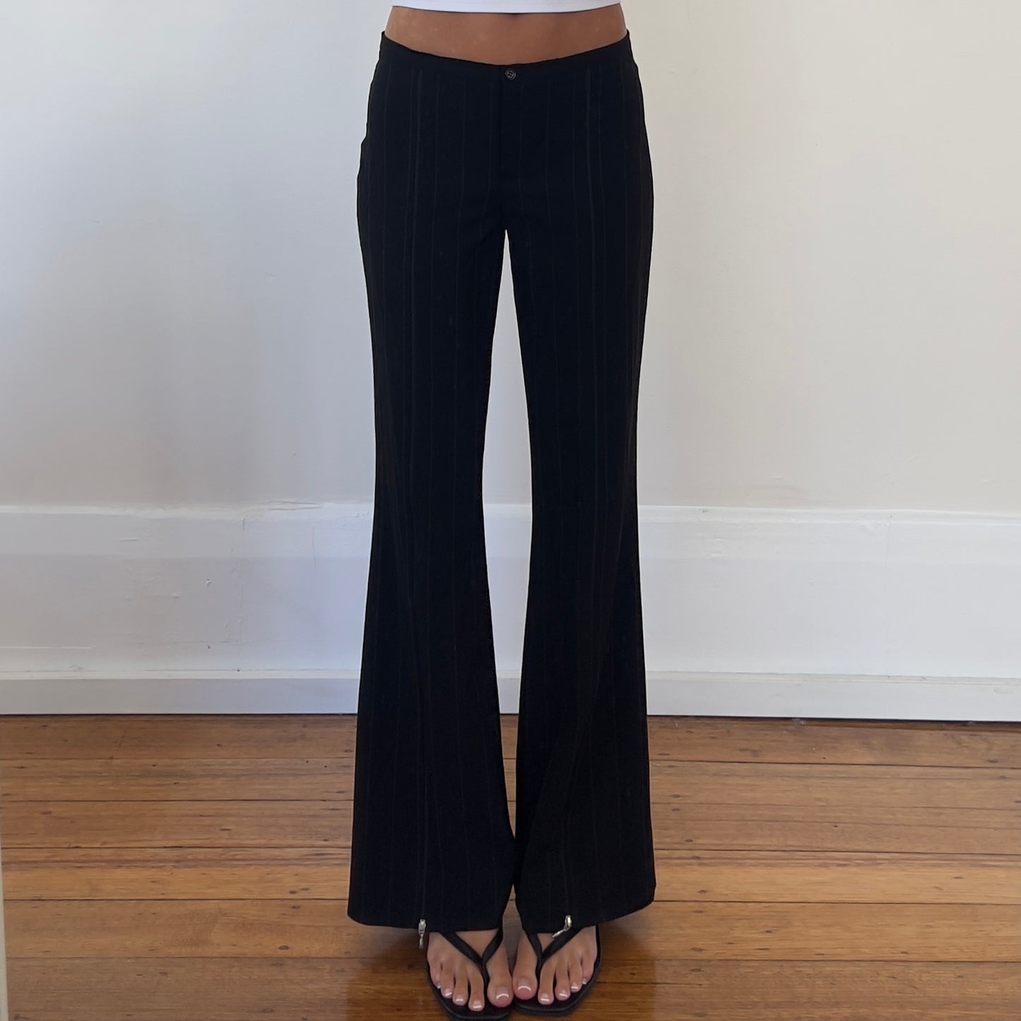 black pinstripe trousers