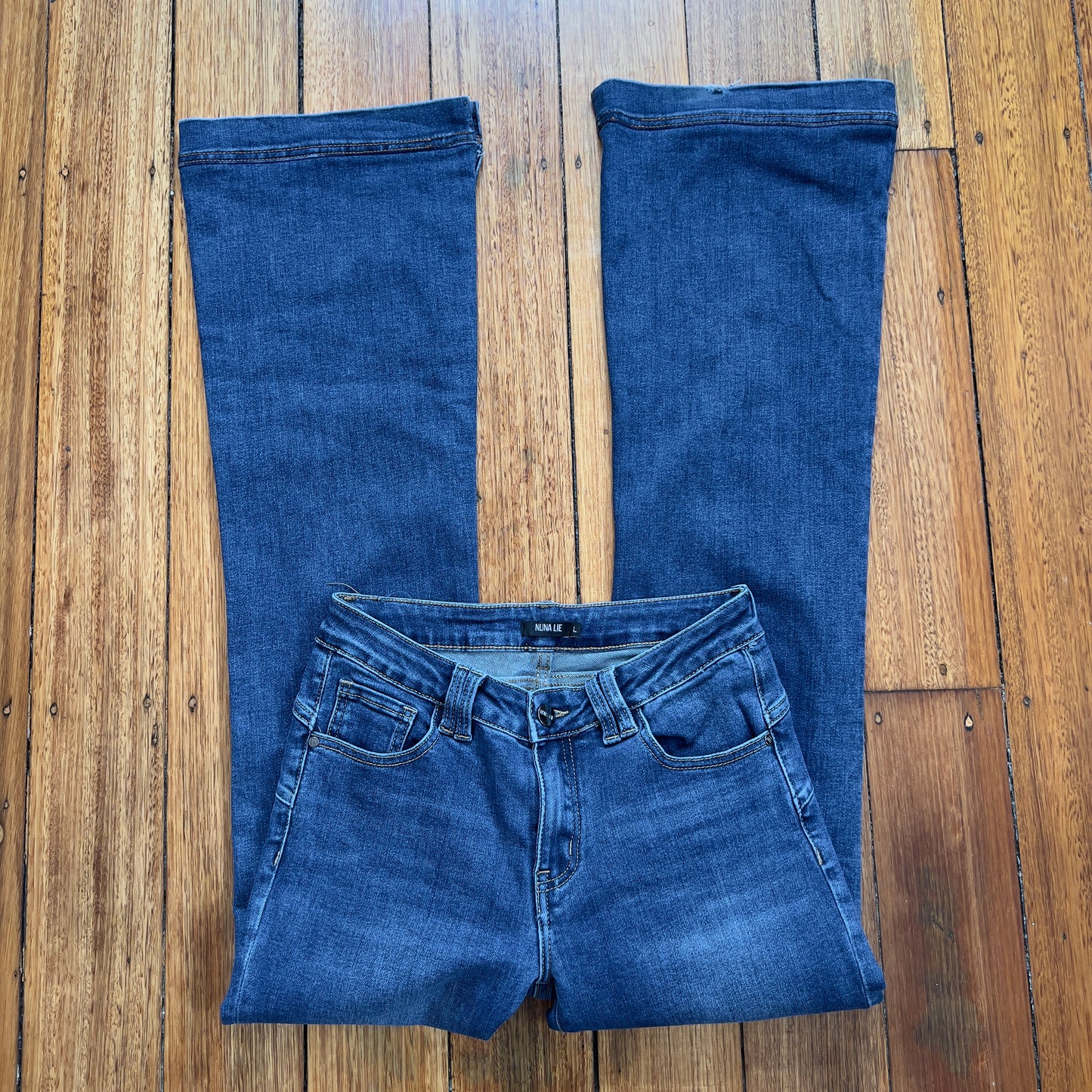 mid wash denim bootcut jeans
