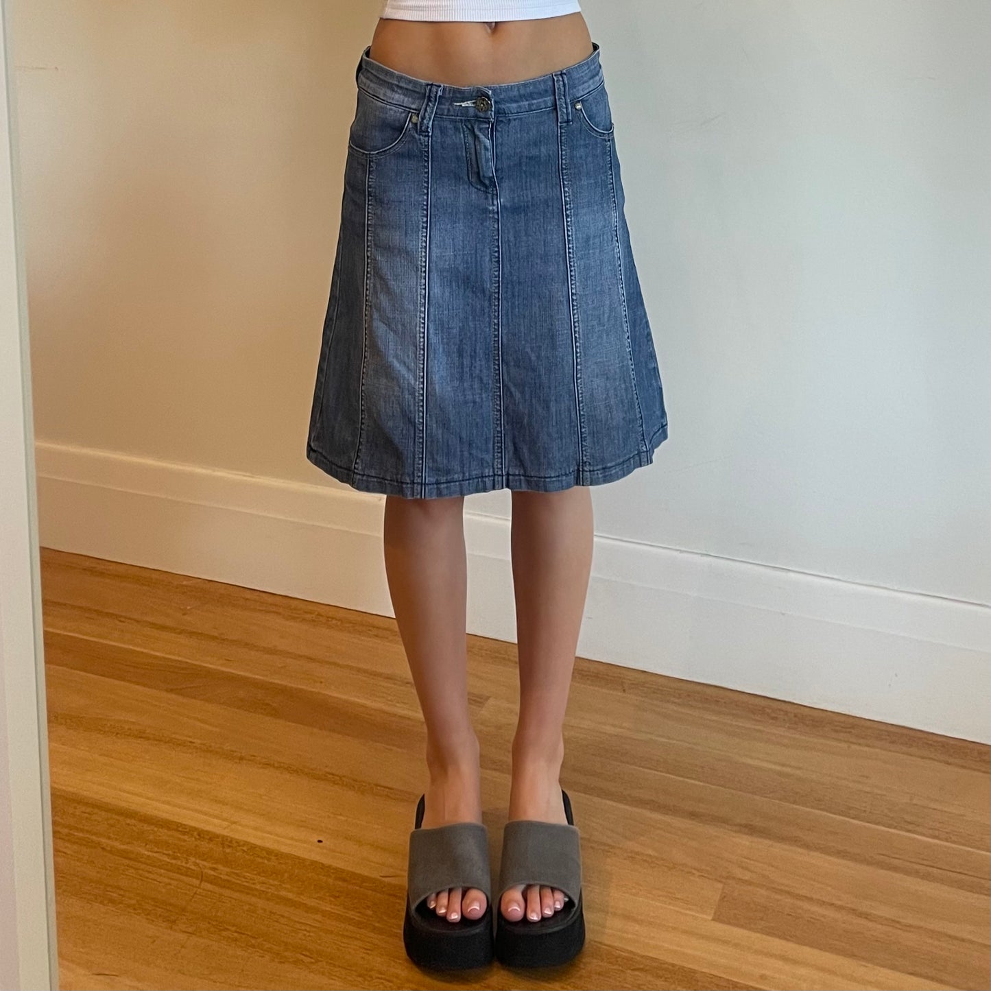 low rise denim midi skirt