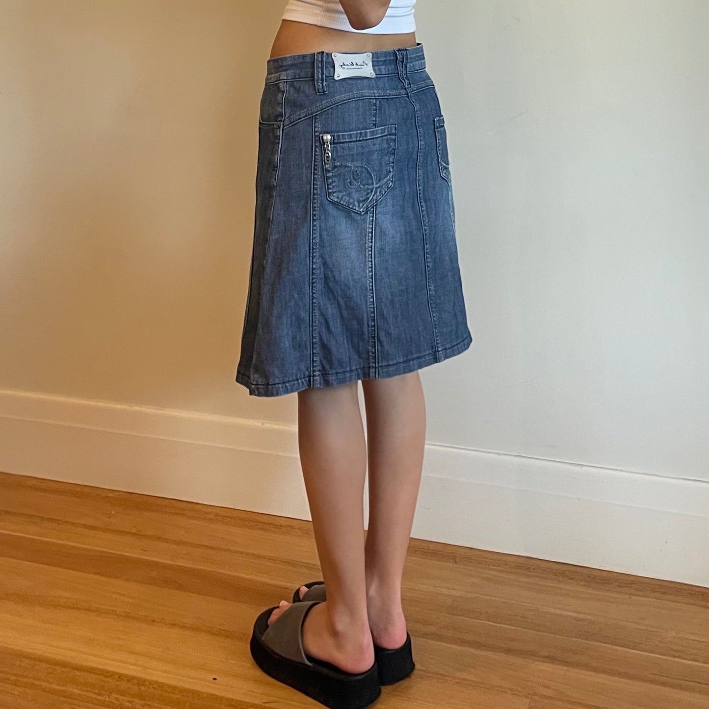 low rise denim midi skirt